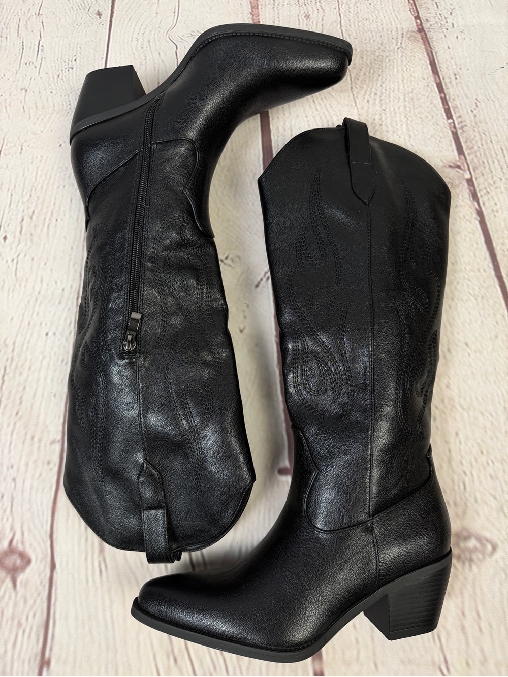 Women's NEW black western cowgirl knee-high heeled pointed toe boots, size 6 - Picture 4 of 16